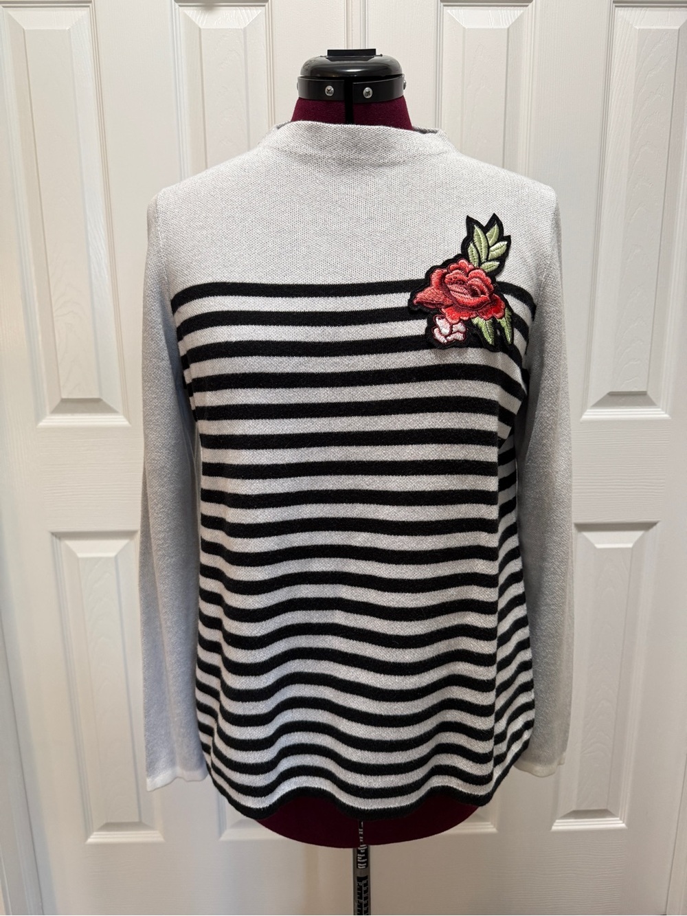 Ann Taylor Factory Black & Gray Striped Mock Turtleneck Sweater with Rose Patch